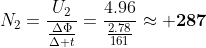 N_2=\frac{U_2}{\frac{\Delta\Phi}{\Delta t}}=\frac{4.96}{\frac{2.78}{161}}\approx \mathbf{287}