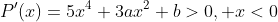 P'(x)=5x^4+3ax^2+b>0,\text{ }x<0