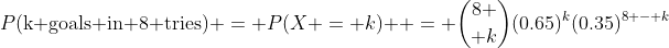 P(\mbox{k goals in 8 tries}) = P(X = k)  = {8 \choose k}(0.65)^k(0.35)^{8 - k}