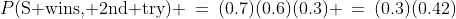 P(\text{S wins, 2nd try}) \:=\:(0.7)(0.6)(0.3) \:=\:(0.3)(0.42)