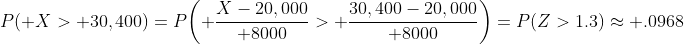 P( X> 30,400)=P\biggl( {X-20,000\over 8000}> {30,400-20,000\over 8000}\biggr)=P(Z>1.3)\approx .0968