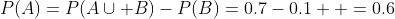 P(A)=P(A\cup B)-P(B)=0.7-0.1 \\ =0.6