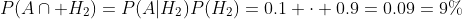 P(A\cap H_2)=P(A|H_2)P(H_2)=0.1 \cdot 0.9=0.09=9\%