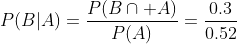 P(B|A)=\frac{P(B\cap A)}{P(A)}=\frac{0.3}{0.52}