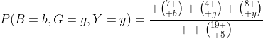 P(B=b,G=g,Y=y)={ {7 \choose b} {4 \choose g} {8 \choose y}\over  {19 \choose 5}}