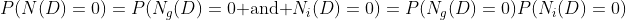 P(N(D)=0)=P(N_g(D)=0\mbox{ and }N_i(D)=0)=P(N_g(D)=0)P(N_i(D)=0)