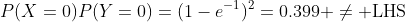 P(X=0)P(Y=0)=(1-e^{-1})^2=0.399 \neq \text{LHS}