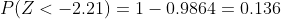 P(Z<-2.21)=1-0.9864=0.136