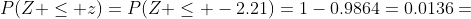 P(Z \le z)=P(Z \le -2.21)=1-0.9864=0.0136=