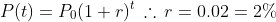 P(t)=P_0(1+r)^t\,\therefore\,r=0.02=2\%