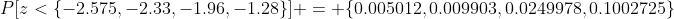 P[z<\{-2.575,-2.33,-1.96,-1.28\}] = \{0.005012,0.009903,0.0249978,0.1002725\}