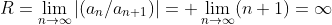 R=\lim_{n\to\infty}|(a_n/a_{n+1})|= \lim_{n\to\infty}(n+1)=\infty