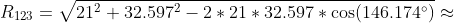 R_{123}=\sqrt{21^2+32.597^2-2*21*32.597*\cos(146.174^\circ)}\approx
