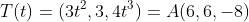 T(t)=(3t^2,3,4t^3)=A(6,6,-8)