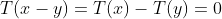 T(x-y)=T(x)-T(y)=0