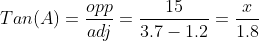 Tan(A)=\frac{opp}{adj}=\frac{15}{3.7-1.2}=\frac{x}{1.8}