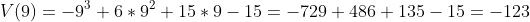 V(9)=-9^3+6*9^2+15*9-15=-729+486+135-15=-123