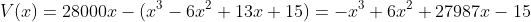 V(x)=28000x-(x^3-6x^2+13x+15)=-x^3+6x^2+27987x-15