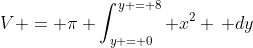 V = \pi \int_{y = 0}^{y = 8} x^2 \, dy