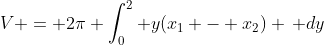 V = 2\pi \int_0^2 y(x_1 - x_2) \, dy