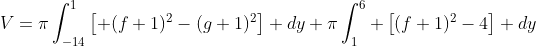 V=\pi\int_{-14}^{1}\left[ (f+1)^2-(g+1)^2\right] dy+\pi\int_1^6 \left[(f+1)^2-4\right] dy