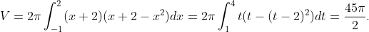 V=2\pi\int_{-1}^2(x+2)(x+2-x^2)dx=2\pi\int_1^4t(t-(t-2)^2)dt=\frac{45\pi}{2}.