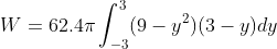 W=62.4\pi\int_{-3}^3(9-y^2)(3-y)dy