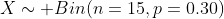 X\sim Bin(n=15,p=0.30)