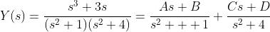 Y(s)=\frac{s^3+3s}{(s^2+1)(s^2+4)}=\frac{As+B}{s^2  +1}+\frac{Cs+D}{s^2+4}