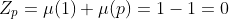 Z_p=\mu(1)+\mu(p)=1-1=0