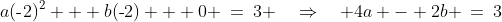 (3,\text{-}2)\!:\;\;a(\text{-}2)^2 + b(\text{-}2) + 0 \:=\:3 \quad\Rightarrow\quad 4a - 2b \:=\:3