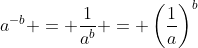 a^{-b} = \dfrac{1}{a^b} = \left(\dfrac{1}{a}\right)^b