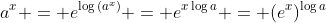 a^x = e^{\log{(a^x)}} = e^{x\log{a}} = (e^{x})^{\log{a}}