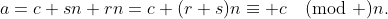 a=c+sn+rn=c+(r+s)n\equiv c\pmod n.