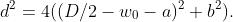 d^{2}=4((D/2-w_{0}-a)^{2}+b^{2}).