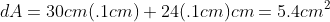 dA=30cm(.1cm)+24(.1cm)cm=5.4cm^2