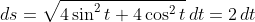 ds=\sqrt{4\sin^2{t}+4\cos^2{t}}\,dt=2\,dt