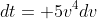 dt= 5v^4dv