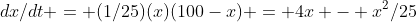 dx/dt = (1/25)(x)(100-x) = 4x - x^2/25