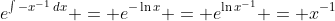 e^{\int{-x^{-1}\,dx}} = e^{-\ln{x}} = e^{\ln{x^{-1}}} = x^{-1}