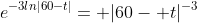 e^{-3ln|60-t|}= |60- t|^{-3}
