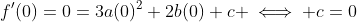 f'(0)=0=3a(0)^2+2b(0)+c \iff c=0