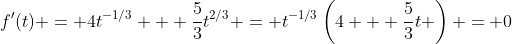 f'(t) = 4t^{-1/3} + \frac{5}{3}t^{2/3} = t^{-1/3}\left(4 + \frac{5}{3}t \right) = 0