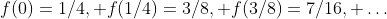 f(0)=1/4, f(1/4)=3/8, f(3/8)=7/16, \dots