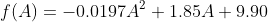 f(A)=-0.0197A^2+1.85A+9.90