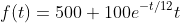 f(t)=500+100e^{-t/12}t