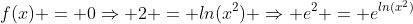 f(x) = 0\Rightarrow 2 = ln(x^2) \Rightarrow e^2 = e^{ln(x^2)}