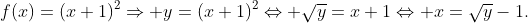 f(x)=(x+1)^2\Rightarrow y=(x+1)^2\Leftrightarrow \sqrt{y}=x+1\Leftrightarrow x=\sqrt{y}-1.