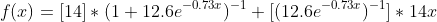 f(x)={[14]}*{(1+12.6e^{-0.73x})^{-1}+{[(12.6e^{-0.73x})^{-1}]*{14x}