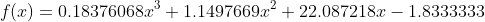 f(x)=0.18376068x^3+1.1497669x^2+22.087218x-1.8333333
